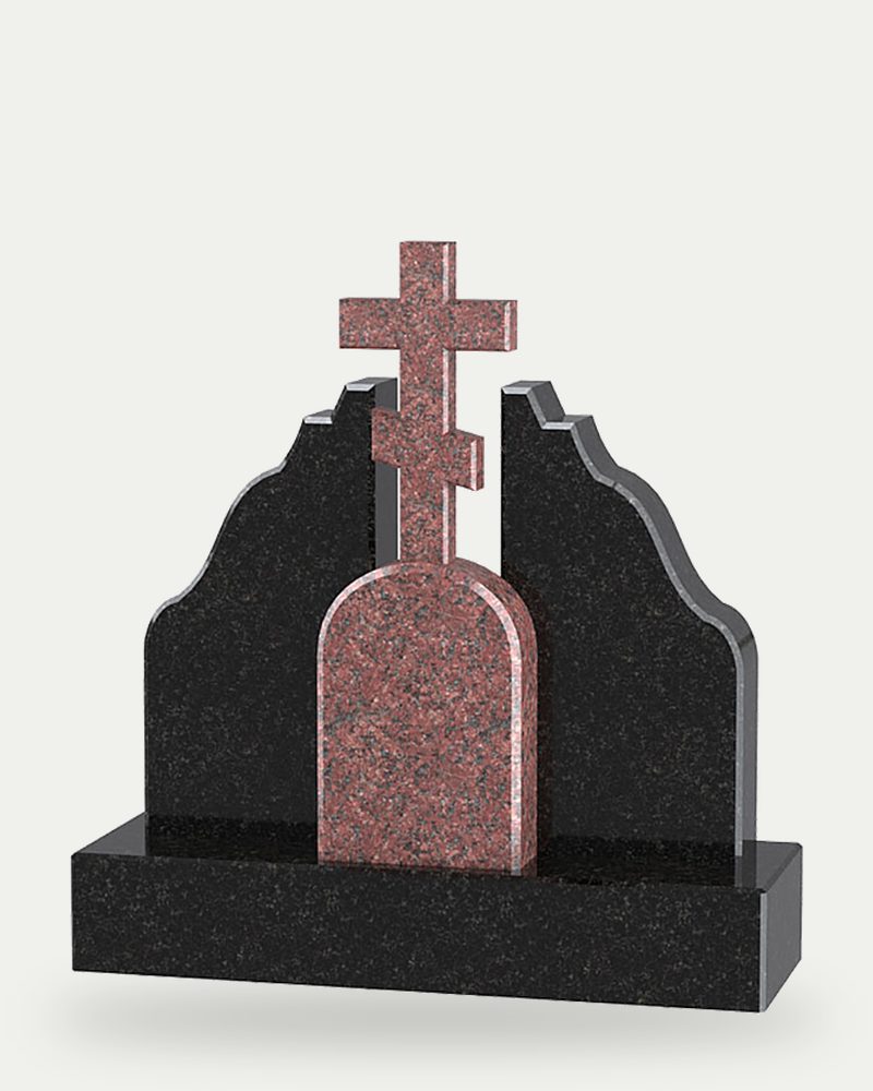 Комбинированный памятник с крестом из красного гранита и чёрными боковыми стелами